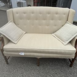 Vintage French Provincial Style Upholstered Wingback Loveseat/Settee 48” long  25” deep  18 1/2 “ floor to seat  36” tall in back  Been in Storage cou