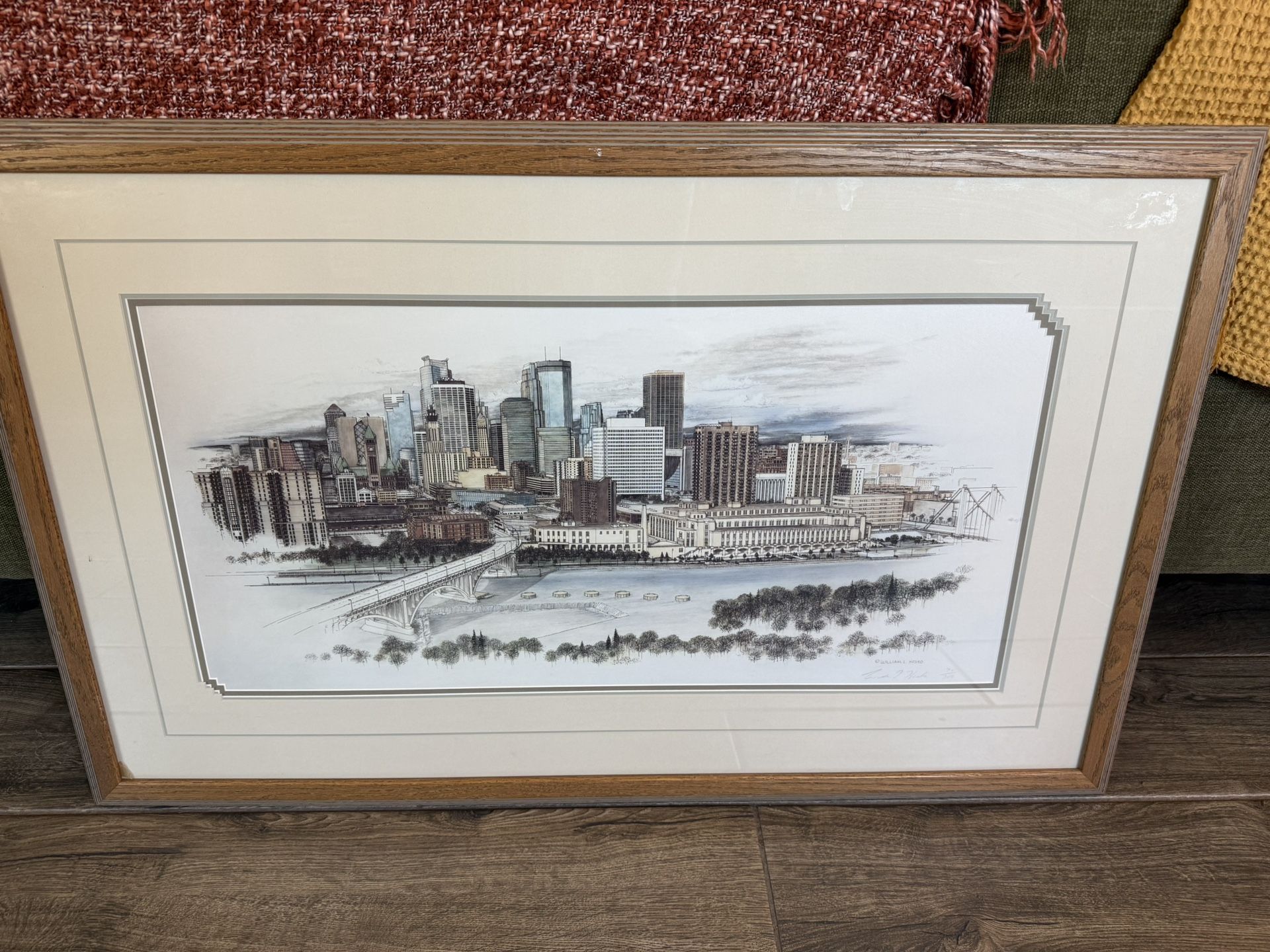 William Hosco Signed Minneapolis Skyline Print – 39.5” Framed Vintage Cityscape Art