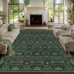 8x10 Washable Nonslip Low Pile Vintage Boho Botanical Area Rug, Green Floral, NEW