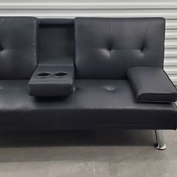 Futon Sofa Bed Fold Up Down Recliner Couch w/ Cup Holders
