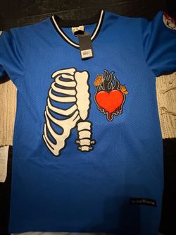Medium Watson Blue skeleton heart jersey with white skeleton graphic and red heart with flames