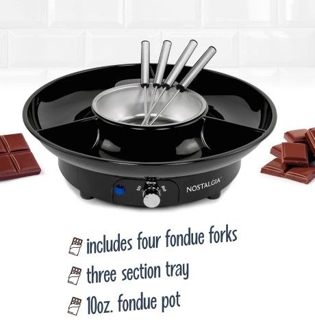 Nostalgia 10 Oz Electric Fondue Pot Set for Cheese & Chocolate - 4 Dipping Forks, 3-Section Food Tray - Kitchen Gadgets and Appliances for H'ors Deouv