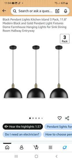 Black and Gold Dome Pendant Lights, 3 Pack