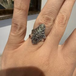 14K White Gold Natural Old Cut Diamond Art Deco Filigree Ring 