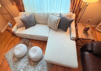 Coaster brand, 91”x65” long reversible modular Cream Fabric Sectional Sofa with Chaise and storage under ottoman, can deliver for a small fee