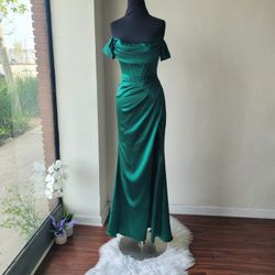 Emerald Green off Shoulder Satin Corset Slit Gown , SIZE 2
