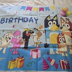 Bluey  Birthday Backdrop Size 39 By 29,  6 Invitations &9 Bags For Goodies 