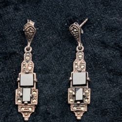 Art Deco Sterling Silver Onyx and Marcasite dangle earrings