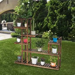 47.5 in. Tall Indoor/Outdoor Carbon Baking Fir Wood Plant Stand Display Storage Shelf (7-Tiered)
