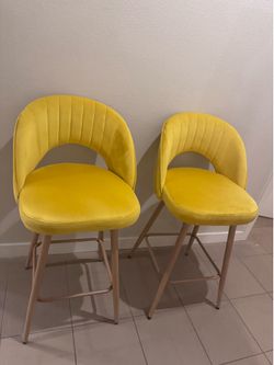 Set of 2 Yellow Velvet Swivel Counter Height Bar Stools – 26” Seat with Back and Footrest