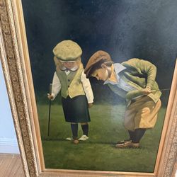 Original golf children oil painting 20th century signed 45 x 32 gold frame