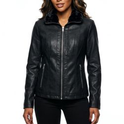 BACCINI Vegan Leather Fur Collar Jacket - Dark Academia Noir Biker Sz Large