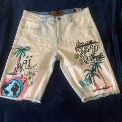 R3BELT Men's Light Blue Denim Bermuda Shorts Graphic Embroidered Distressed