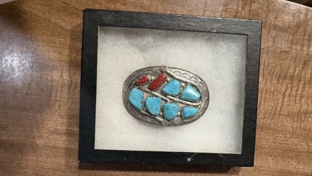 EFFIE C. ZUNI vintage Sterling Silver Turquoise & Coral Snake Belt Buckle