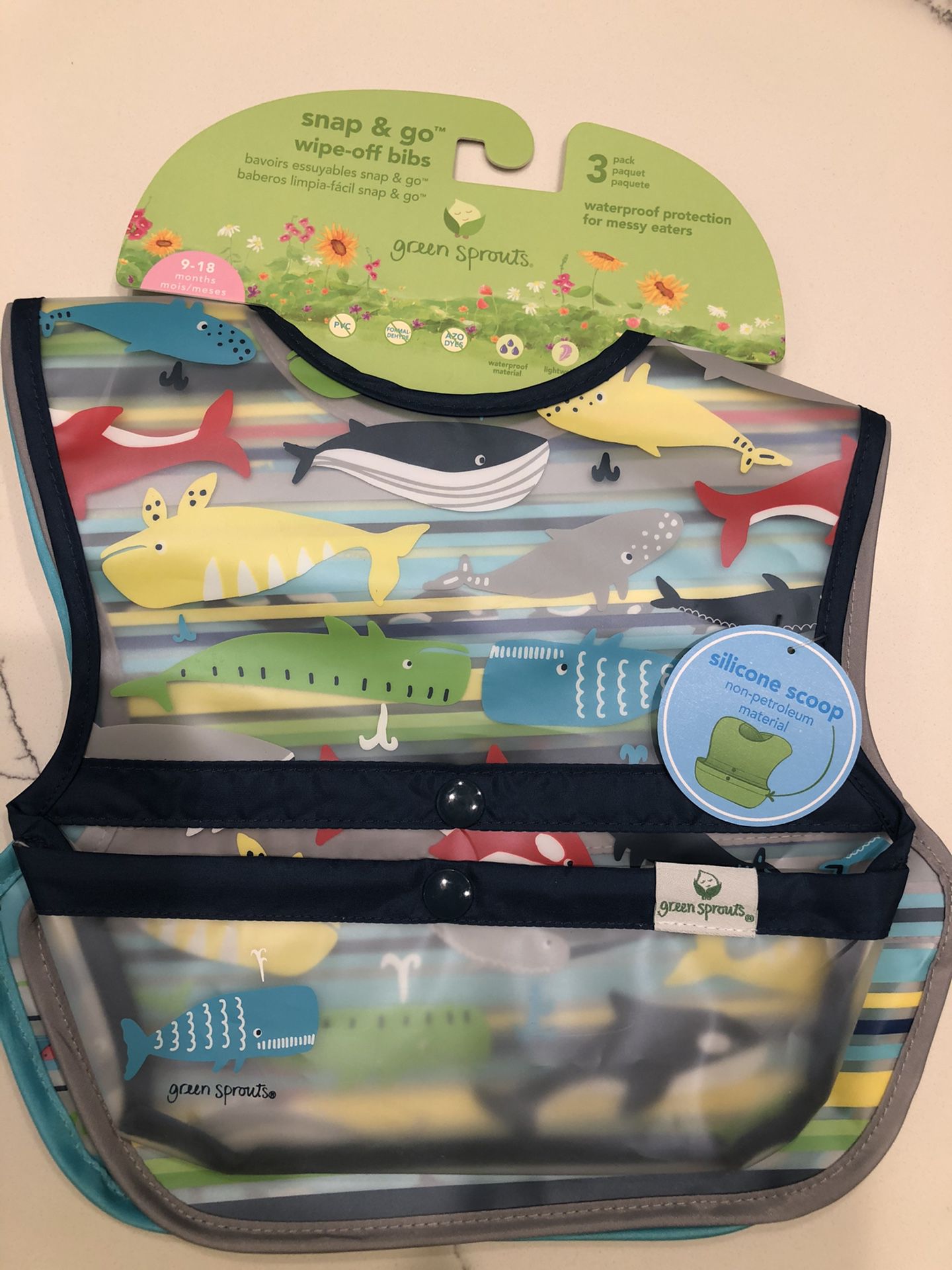 Green Sprouts Snap & Go Wipe-Off Bibs, 3-pack, Whales