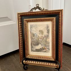 Antique Print Framed Red And Gold Greek Key Design With Convex Glass 8/10”