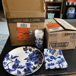 Blue Floral Dining Set 10.5” Plates And Glasses