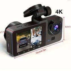Front 4K & Rear 1080P Three Channel Dash Cam | Built-in Car Driving Recorder with Infrared Night Vision | WDR & 24H Parking Mode | Loop Recording & Bi