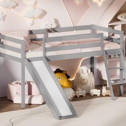 TOLEAD Low Loft Bed with Slide, Wood Twin Loft Bed Frame with Climbing Ladder & Storage Space for Kids Toddler (Grey) $130