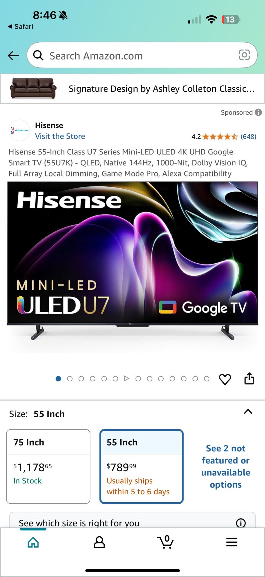 Hisense 55-Inch Class U7 Series Mini-LED ULED 4K UHD Google Smart TV (55U7K) - QLED, Native 144Hz, 1