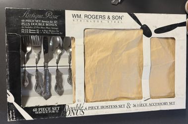 Wm. Rogers & Son “Antique Rose” 60-Piece Stainless Flatware / Utensil Set — Service for 12 + Bonus Pieces