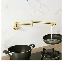 Pot Filler Folding Faucets,Wall Mount Pot Filler Kitchen Faucet Solid Brass,Swing Arm Folding Brushed Gold Modern Kitchen Sink Faucet Folding Stretcha