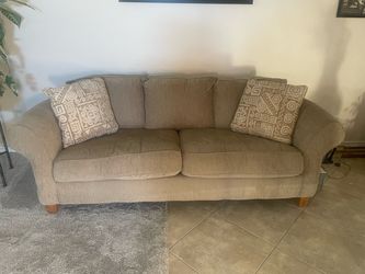 Tan Fabric 3-Seat Sofa with Throw Pillows