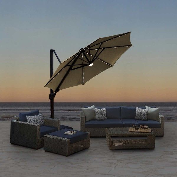 New, Brown, Seasons Sentry 11' LED Solar Round Cantilever Umbrella