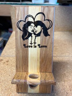 Handmade Wood Phone Stand with “Love is Love” laser artwork. Natural Oak and Pine Wood (D)