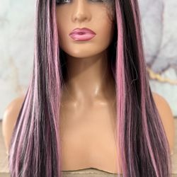 Invisible Lace, Front Lace, Part, Straight Pink And Black Layered 26 Inch Wig