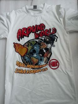 White graphic tee with "Around the World" design size small