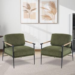 2PCS Green Accent Chair Set of 2 Chenille Mid Century Modern Armchair with Upholstered Soft Cushion for Living Room,Lounge,Bedroom,Wood-Grain Metal Ar