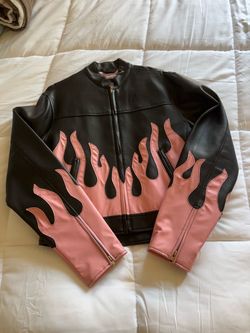 Black and Pink Flame Faux Leather Moto Jacket