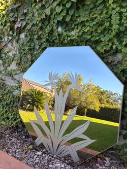 1982 Postmodern Bird of Paradise Octagon Frosted Mirror by Gloria Eriksen for Windsor Art