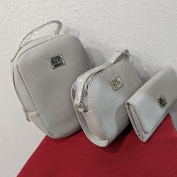 Jessica Moore Light Grey Mini Backpack Mini Purse & Wallet Faux Leather Bundle