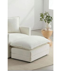 Ivory Chenille Upholstered Ottoman – Soft Textured Fabric