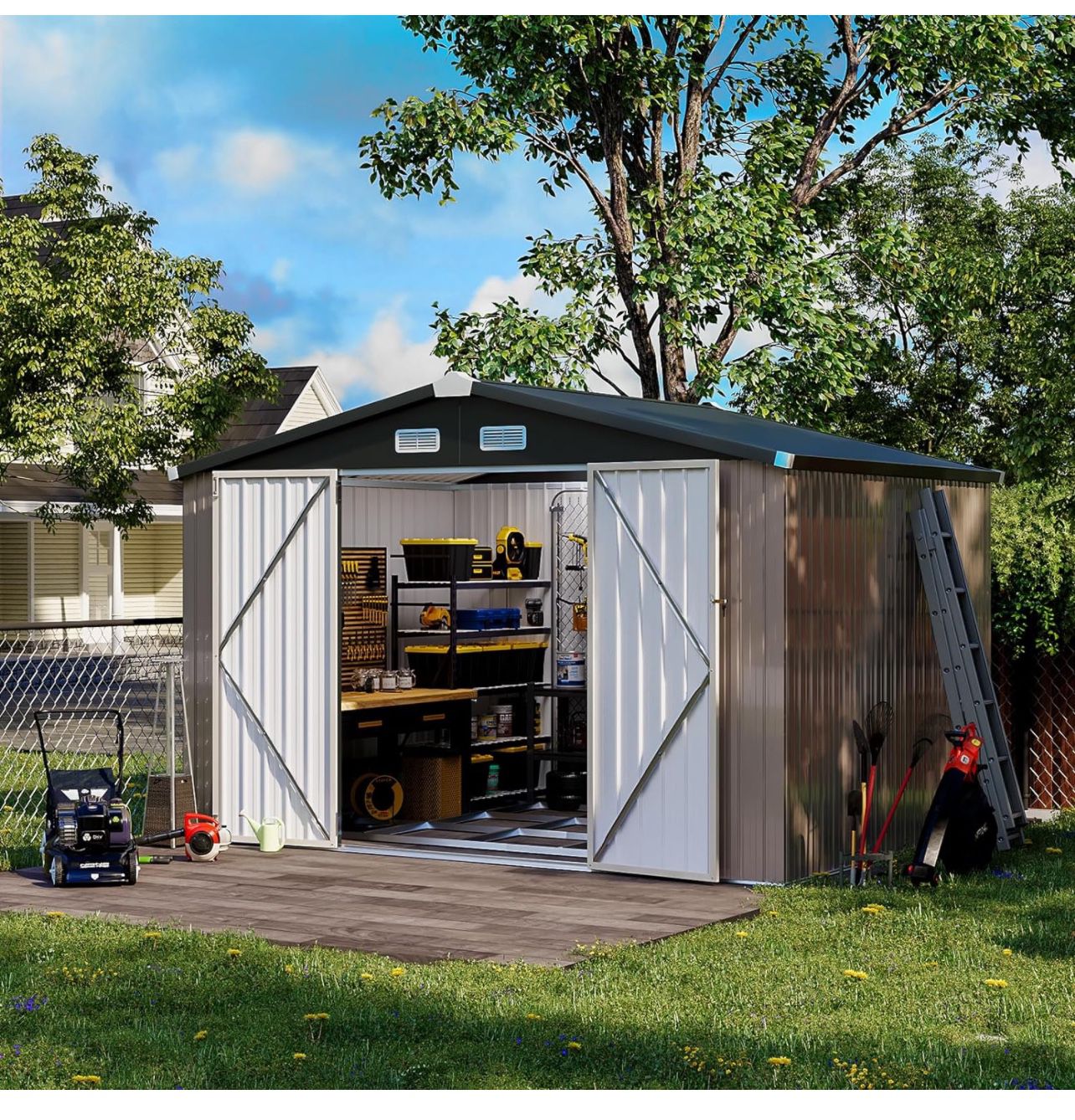 7.6’x9.7’ Outdoor Storage Shed with Base, Outdoor Tool Storage Shed, Outside Lawn Mower Storage, Garden Metal Shed for Bike,Sheds & Outdoor Storage wi