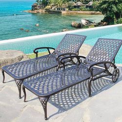  Chaise Lounge Chair Outdoor, Poolside Lounger Set of 2 Cast Aluminum Tanning Chairs with Adjustable Backrest and Moveable Wheels, Bronze