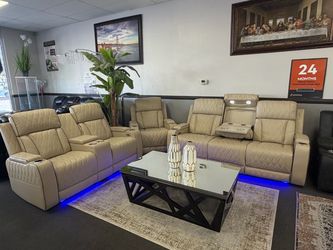 Cream Leather Sofa & Loveseat + FREE Recliner Chair
