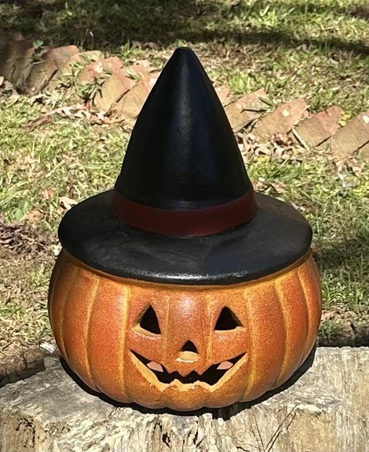 Magic Tea Light Ceramic Orange Pumpkin Jack O Lantern Halloween Porch Decor