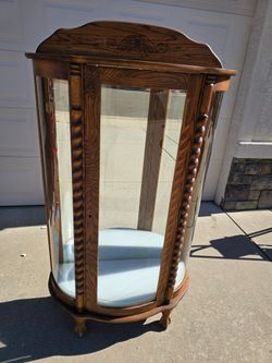 Antique Curved-Glass Oak Curio Cabinet - Complete with Key, 4 Shelves, & Light
