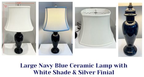 Large Navy Blue Ceramic Lamp with White Shade & Silver Finial