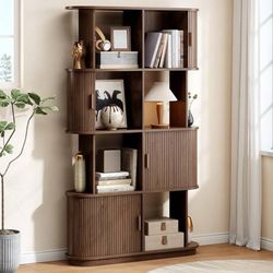 71" Tall 4-Tier Bookshelf, 8-Cube Display Bookcase with Sliding Door, Mid-Centur