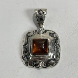 Vintage India Indian Silpada Sterling Silver Genuine Amber Stone Pendant Charm