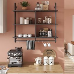Bestier Kitchen Shelves Wall Mounted Floating Pipe Shelving 3 Tier 41.5" Coffee Bar Shelf with Holder, Wall Display Storage Rack Sundries for Kitchen 
