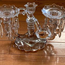 Glass/Crystal Candelabra 3-Candle Holder w/Hanging Crystals, circa 1950's 