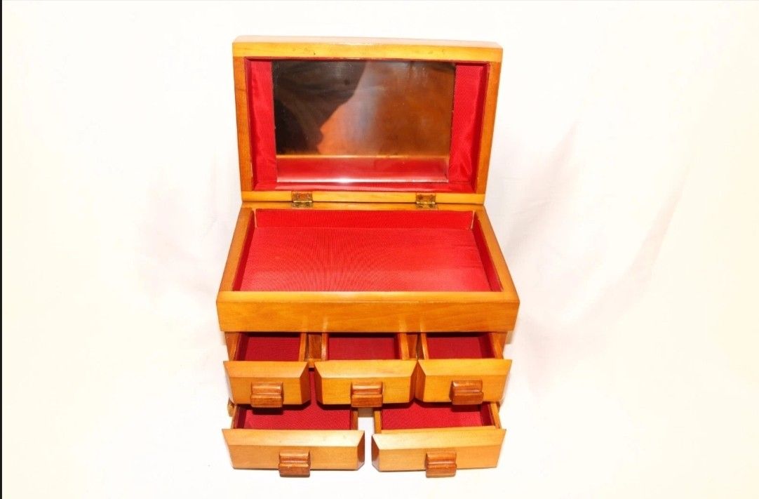 Cedar Wood Jewelry Box Hinged Velvet Mirror Glass 5 Drawers Modern Doll Scale