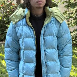 Reversible Puffer Jacket Blue & Green Hooded Men’s Size M