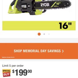 RYOBI 40V HP Brushless 16 in. Battery Chainsaw tool only