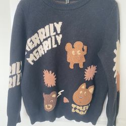 Women Graphic Pullover Black Sweater Size M